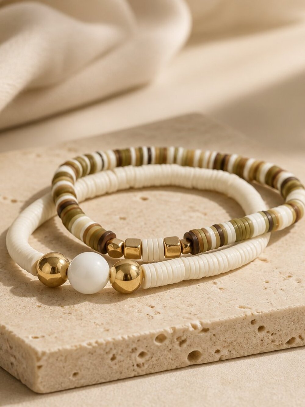 Set of 2 Heishi Beaded White, Tan and Brown with Gold Spacers